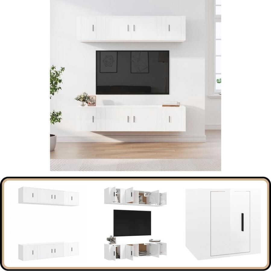 VidaXL Tv-meubelset 6-delig Hoogglans Wit TV Meubel Set Tv Kast Hifi Kast Woonkamer Meubels Witte Tv Kast Houten Tv Kast Wandmontage Tv Kast