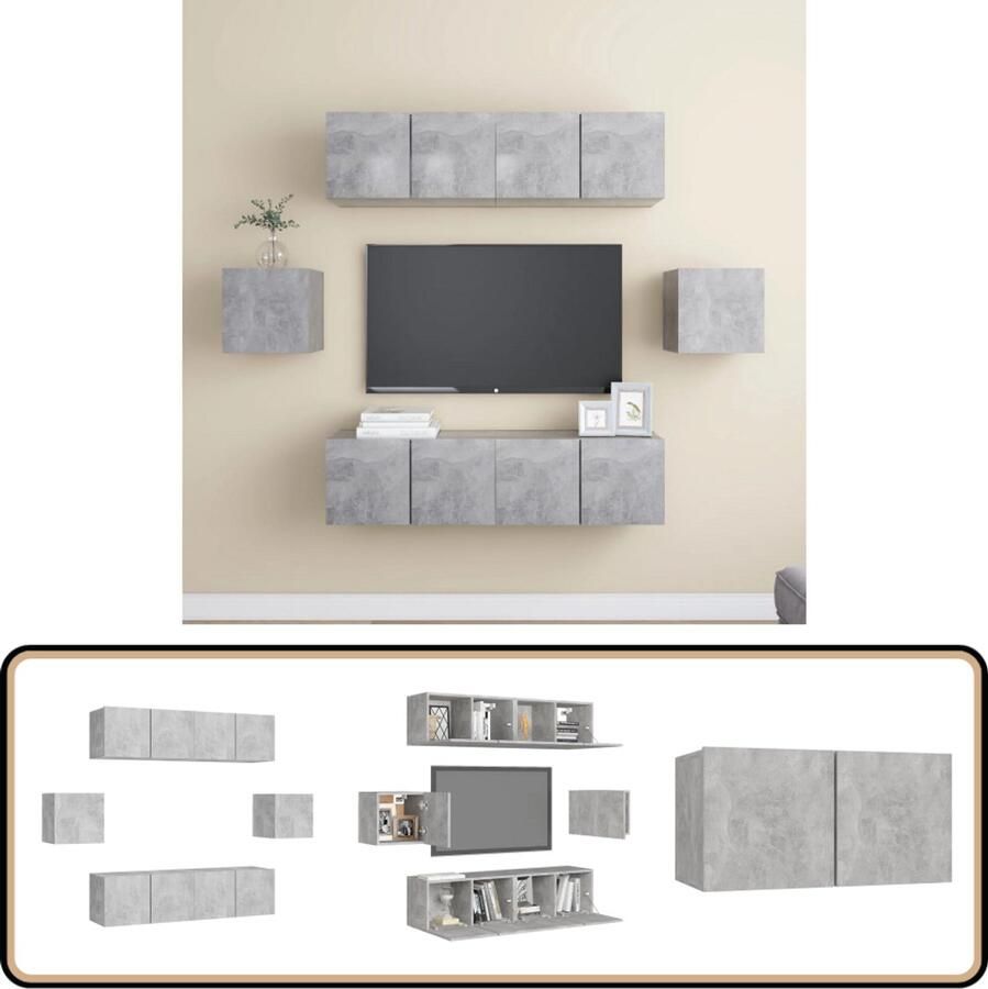 VidaXL Tv-meubelset 6-delig Hout Betongrijs Tv Kast Tv Meubels Wandmontage Beton Grijs Houten Tv Kast Salontafel Livingroom Decor Opslagruimte Media Center Modern Interieur Minimalistisch Design