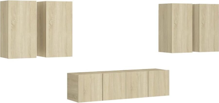 VidaXL Tv-meubelset 6-delig Sonoma eiken Hout Televisiescherm Salontafel Woonkamer Meubilair Houten Kasten Bruine Meubelen Landelijke Stijl Tv Stand Media Kast Opslagruimte Wandmontage Sonoma Eiken