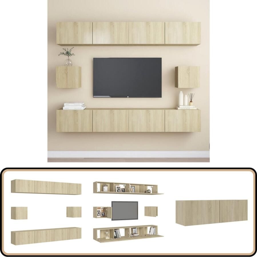 VidaXL Tv-meubelset 6-delig Sonoma eiken Hout TV Kast Salontafel Woonkamer Meubilair Houten Meubels Tv Stand Media Kast Bruine Meubelen Landelijke Stijl Sonoma Eiken Wandmontage