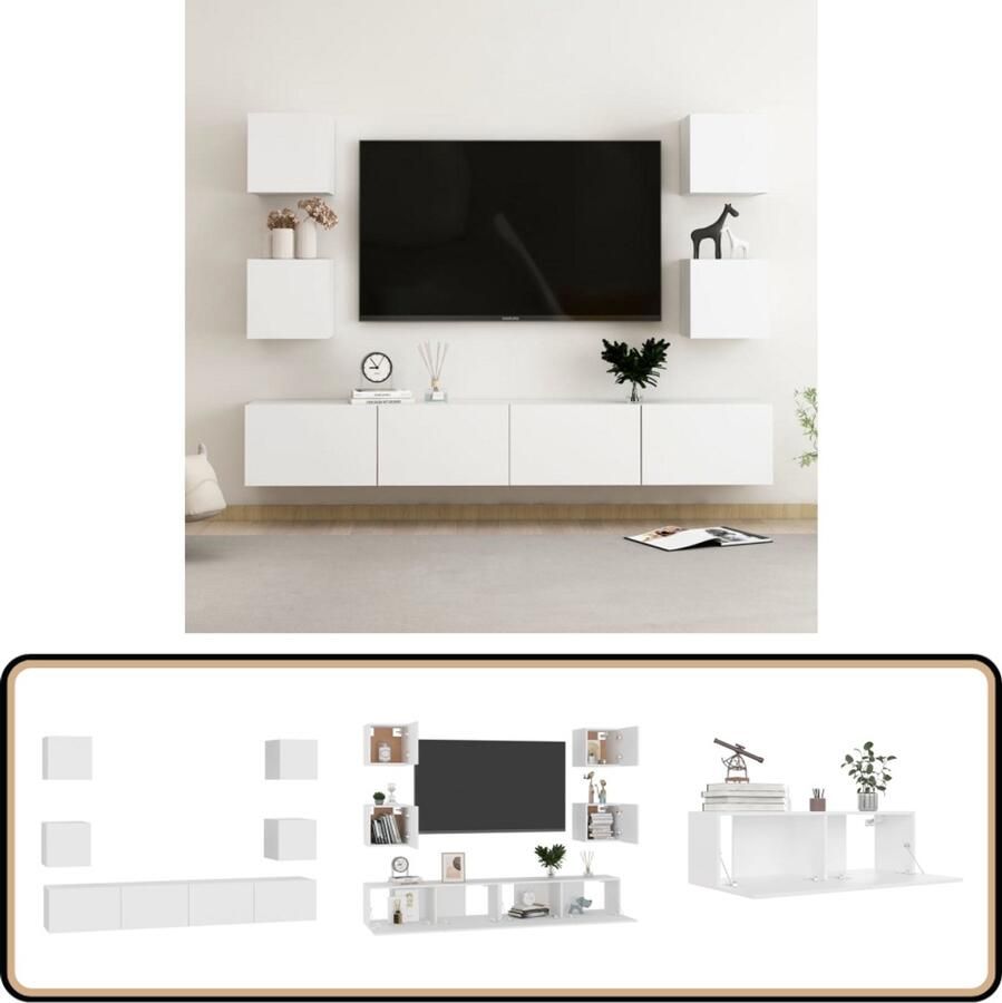 VidaXL Tv-meubelset 6-delig Wit Bewerkt hout Televisiescherm Kast Wandmontage Tv Meubel Opbergkast Salontafel Living Room Furniture Houten Kast