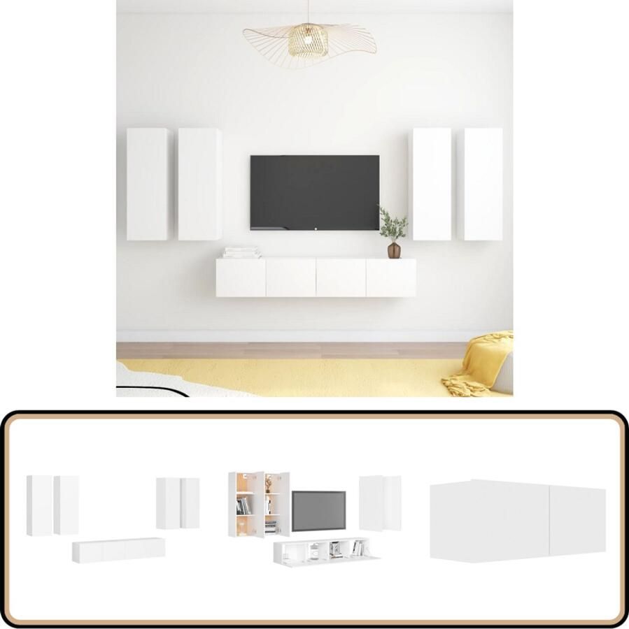 VidaXL Tv-meubelset 6-delig Wit Bewerkt hout Televisiescherm Tv Meubilair Wandmontage Houten Tv Stand Witte Tv Kasten