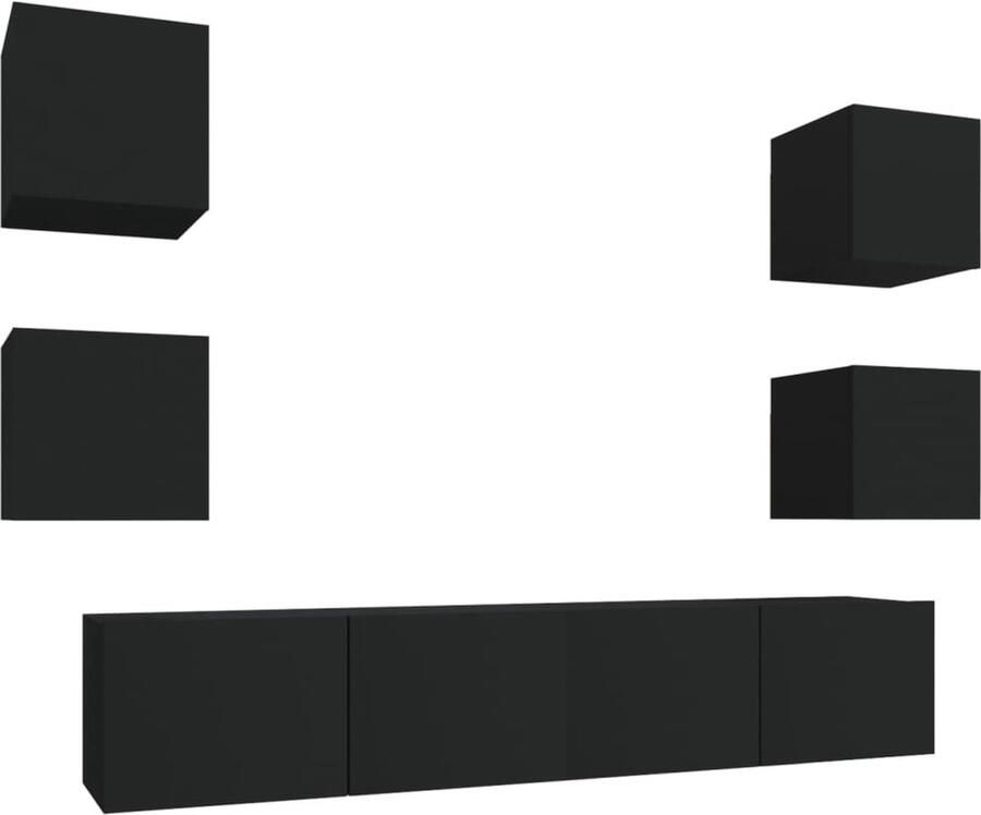 VidaXL Tv-meubelset 6-delig Zwart Bewerkt hout Televisieserie Tv Kast Wandmontage Houten Tv Stand Tv Meubel - Foto 3