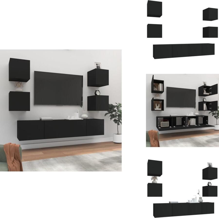 VidaXL Tv-meubelset 6-delig Zwart Bewerkt hout Televisieserie Tv Kast Wandmontage Houten Tv Stand Tv Meubel