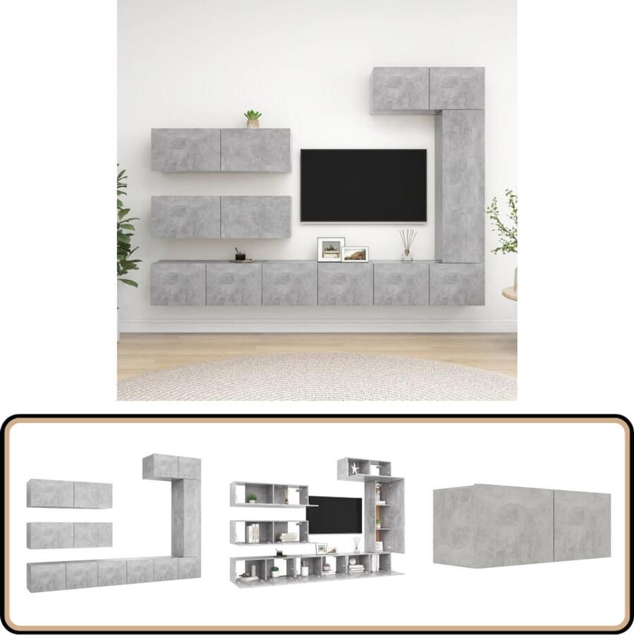 VidaXL Tv-meubelset 7-delig Betongrijs Bewerkt hout Tv Meubels Tv Kasten Wandmontage Beton Grijs Houten Tv Stand Living Room Furniture Bergruimte Media Center Videotheek Home Entertainment