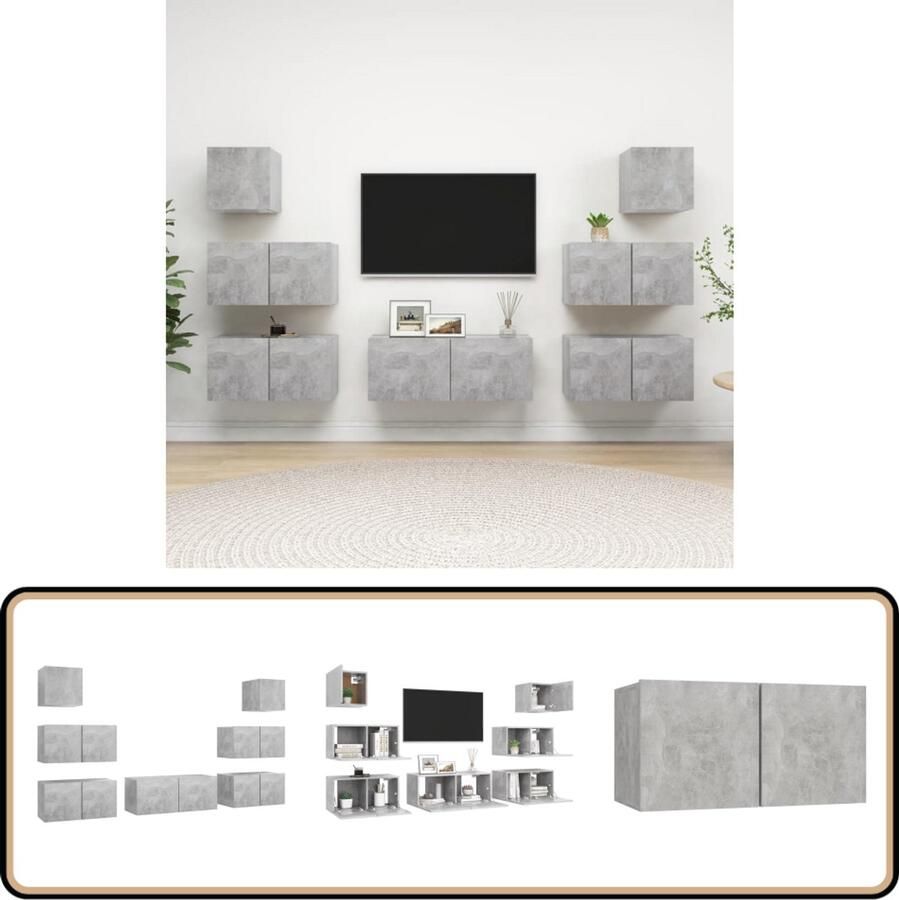 VidaXL Tv-meubelset 7-delig Bewerkt hout Grijs Tv Meubels Houten Tv Kast Tv Stand Media Kast Living Room Furniture