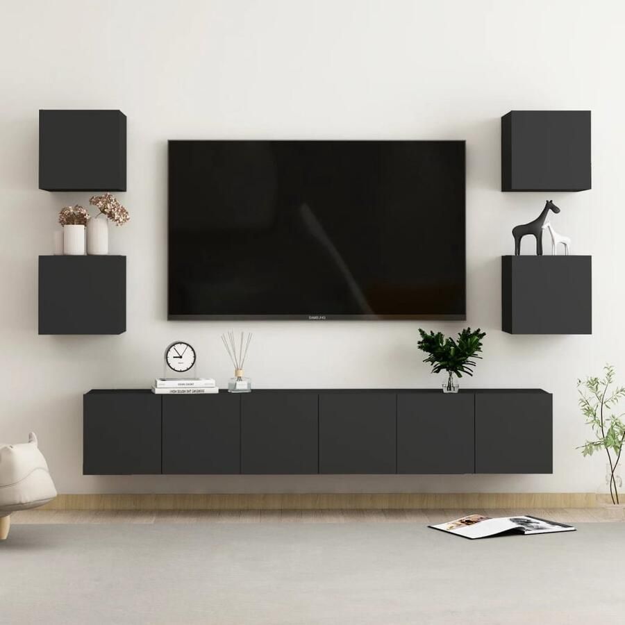 VidaXL Tv-meubelset 7-delig Bewerkt hout Zwart Televisiescherm Tv Kast Salontafel Woonkamer Meubilair Zwarte Tv Stand Houten Tv Meubel Modern Tv Meubel Compact Tv Meubel Wandmontage Tv Meubel - Foto 2