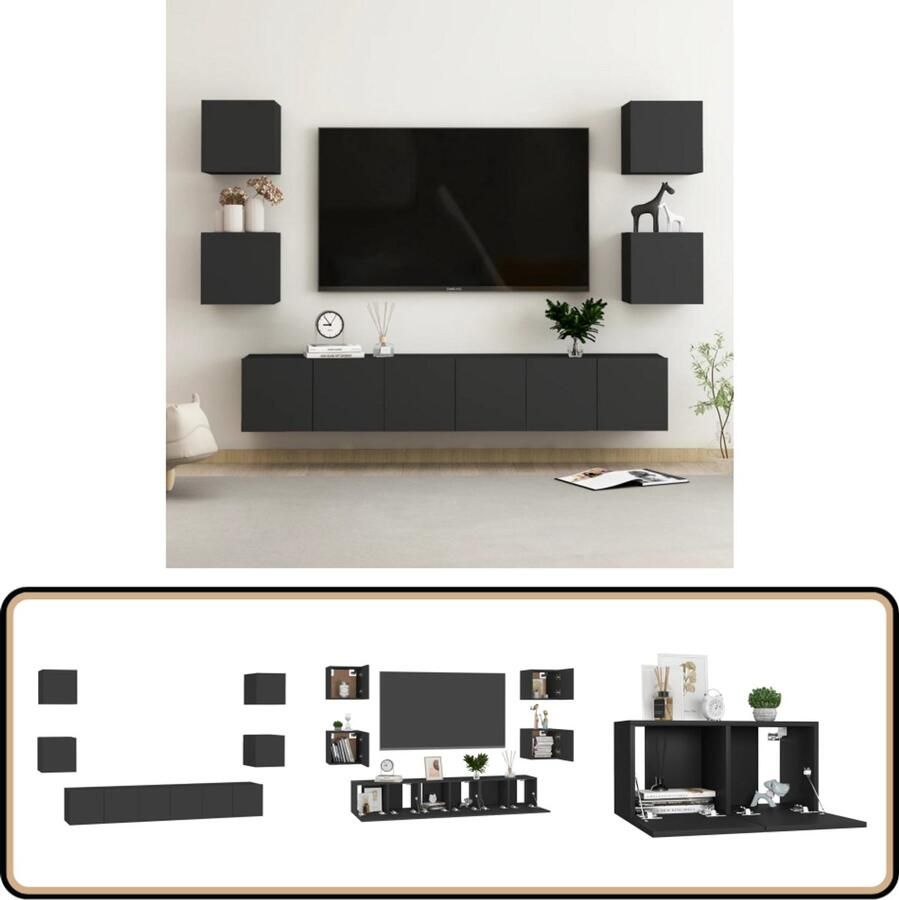 VidaXL Tv-meubelset 7-delig Bewerkt hout Zwart Televisiescherm Tv Kast Salontafel Woonkamer Meubilair Zwarte Tv Stand Houten Tv Meubel Modern Tv Meubel Compact Tv Meubel Wandmontage Tv Meubel