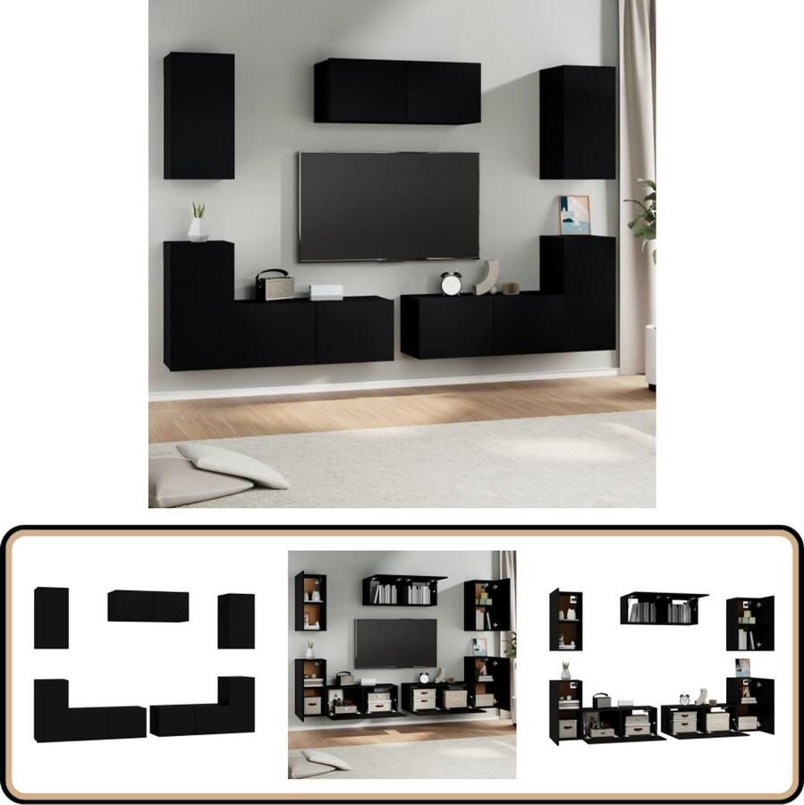 VidaXL Tv-meubelset 7-delig Bewerkt hout Zwart TV Meubel Set Tv Kast Wandmontage Houten Meubels Zwarte Meubelen Opbergruimte