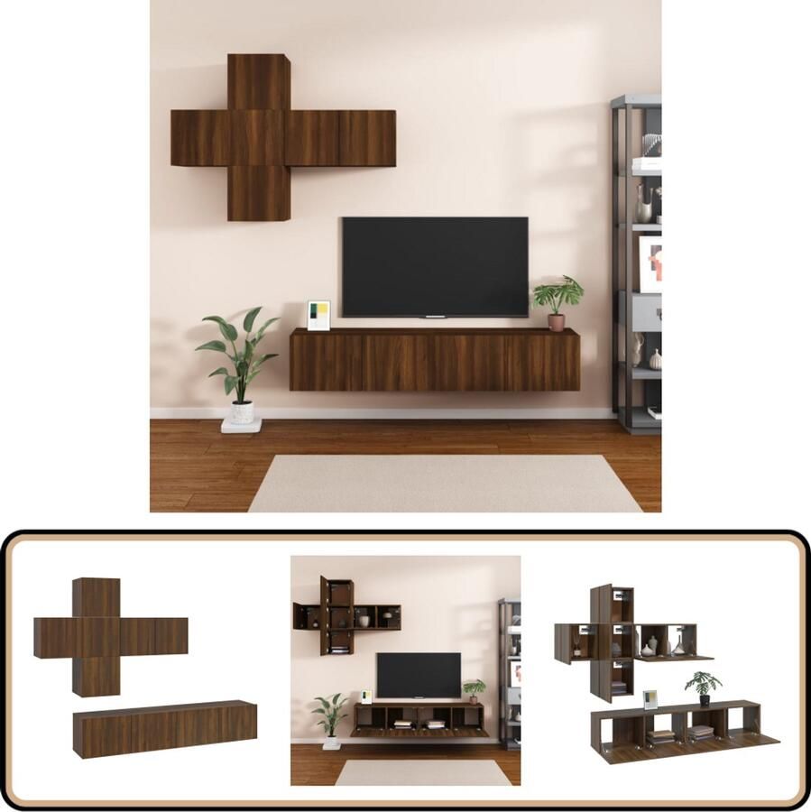 VidaXL Tv-meubelset 7-delig Bruineiken Bewerkt hout TV Meubel Set Houten TV Kast Bruine Eiken Meubels Wandmontage Opbergruimte