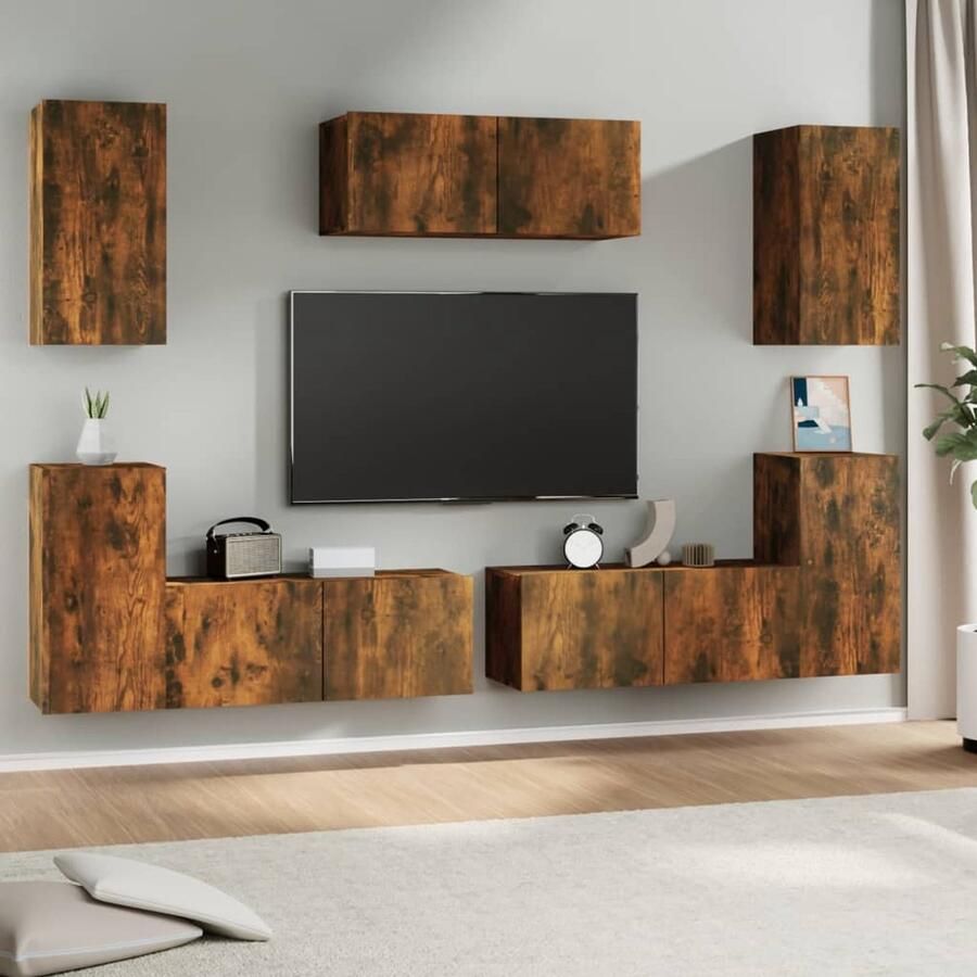 VidaXL Tv-meubelset 7-delig Gerookt eiken Hout TV Meubel Set Tv Kast Wandmontage Houten Meubels Bruine Meubelen