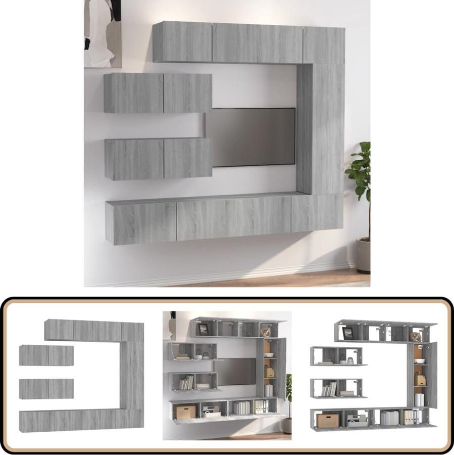 VidaXL Tv-meubelset 7-delig Grijs Sonoma Eiken TV Kast Salontafel Houten Meubilair Grijze Meubelen Wandmontage Opbergruimte Livingroom Furniture
