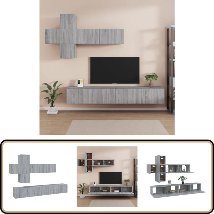 VidaXL Tv-meubelset 7-delig Grijs Sonoma Eikenkleur Televisieserie Wandmontage Houten Kast Grijze Salontafel Livingroom Decor Tv Meubel