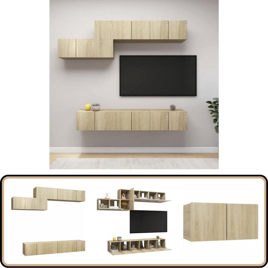 VidaXL Tv-meubelset 7-delig Sonoma eiken Hout Tv Meubels Tv Kasten Salontafel Bruine Meubelen Eiken Meubilair Wandmontage Opbergruimte Livingroom Furniture Home Deco Media Center