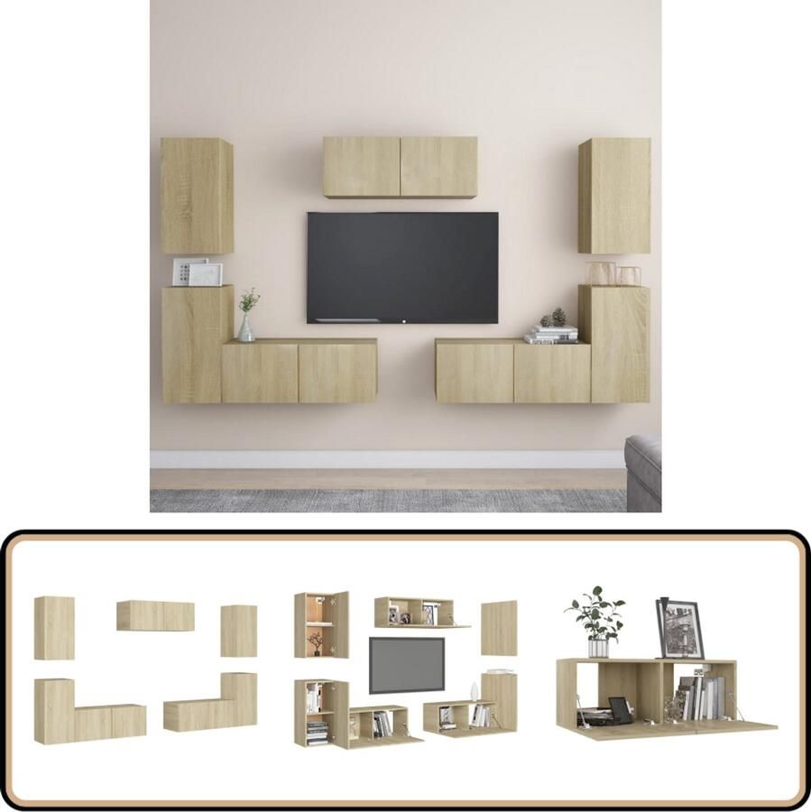 VidaXL Tv-meubelset 7-delig Sonoma Eiken Televisiesecretaris Salontafel Houten Meubilair Tv Stand Media Kast Woonkamerdecoratie Bruine Meubelen Landelijke Stijl Sonoma Eiken Tv Unit
