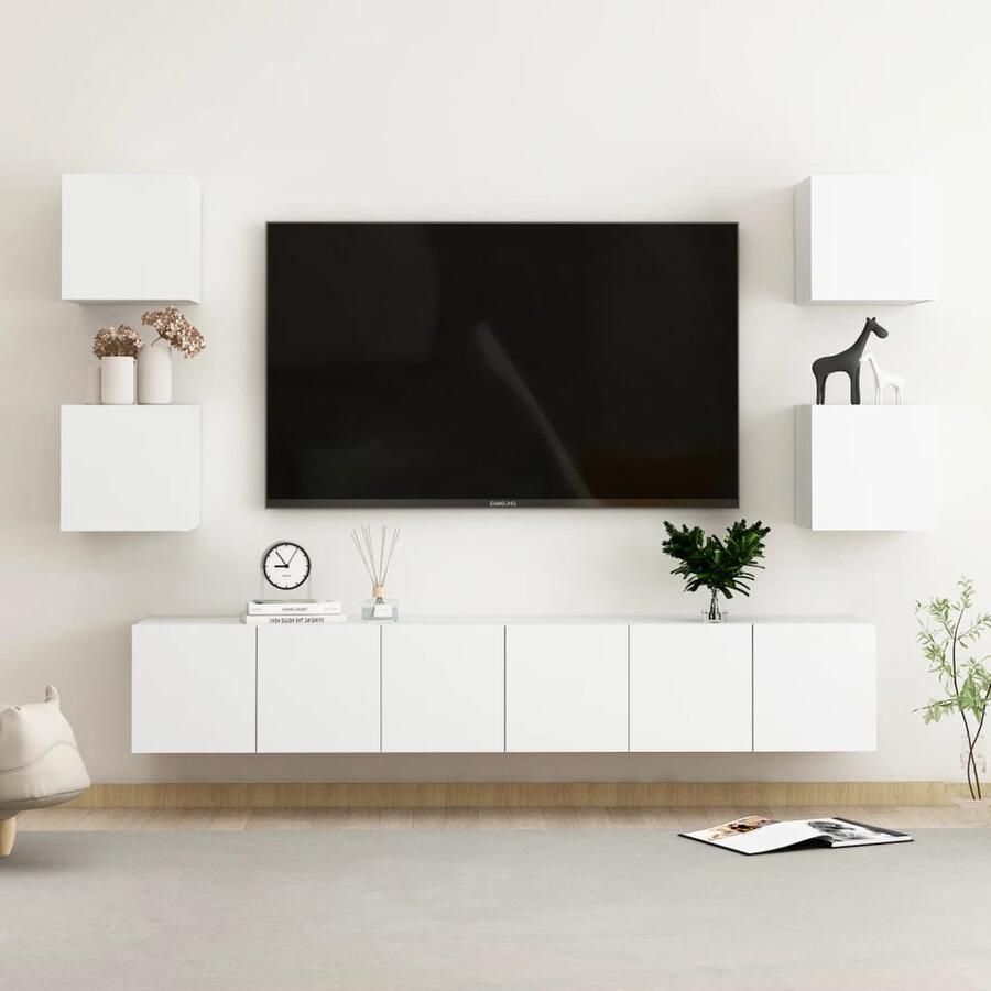 VidaXL Tv-meubelset 7-delig Wit Bewerkt hout Televisiescherm Kast Tv Meubels Salontafel Woonkamerinrichting Houten Tv Stand Witte Tv Kast Modern Tv Meubel Stijlvolle Tv Kast Compact Tv Meubel Ruimtebesparend Tv Meubel - Foto 2