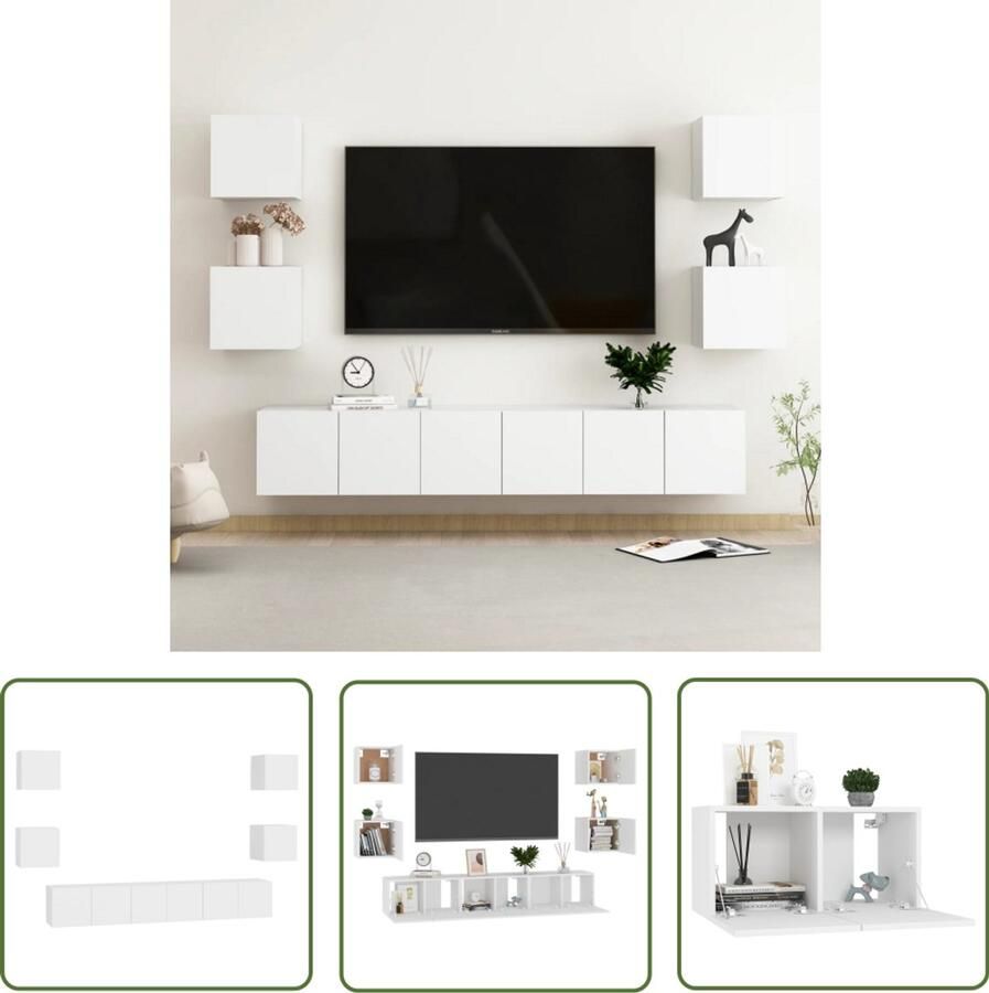 VidaXL Tv-meubelset 7-delig Wit Bewerkt hout Televisiescherm Kast Tv Meubels Salontafel Woonkamerinrichting Houten Tv Stand Witte Tv Kast Modern Tv Meubel Stijlvolle Tv Kast Compact Tv Meubel Ruimtebesparend Tv Meubel