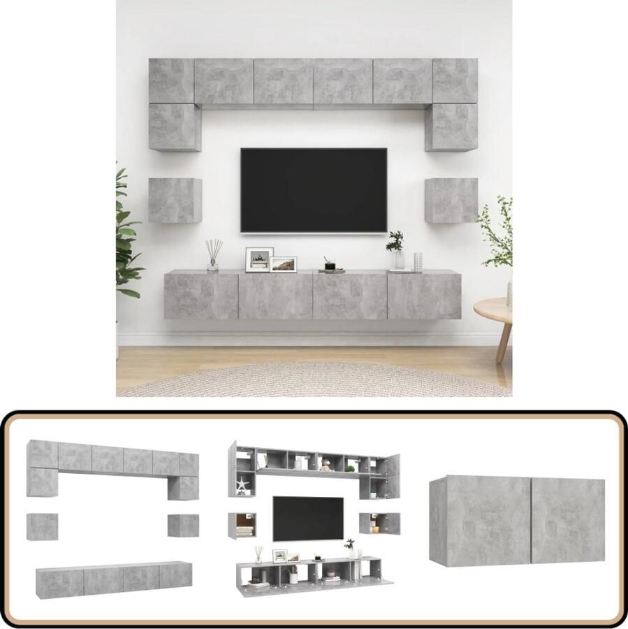VidaXL Tv-meubelset 8-delig Bewerkt hout Betongrijs Tv Kast Wandmontage Betongrijs Houten Meubels Salontafel