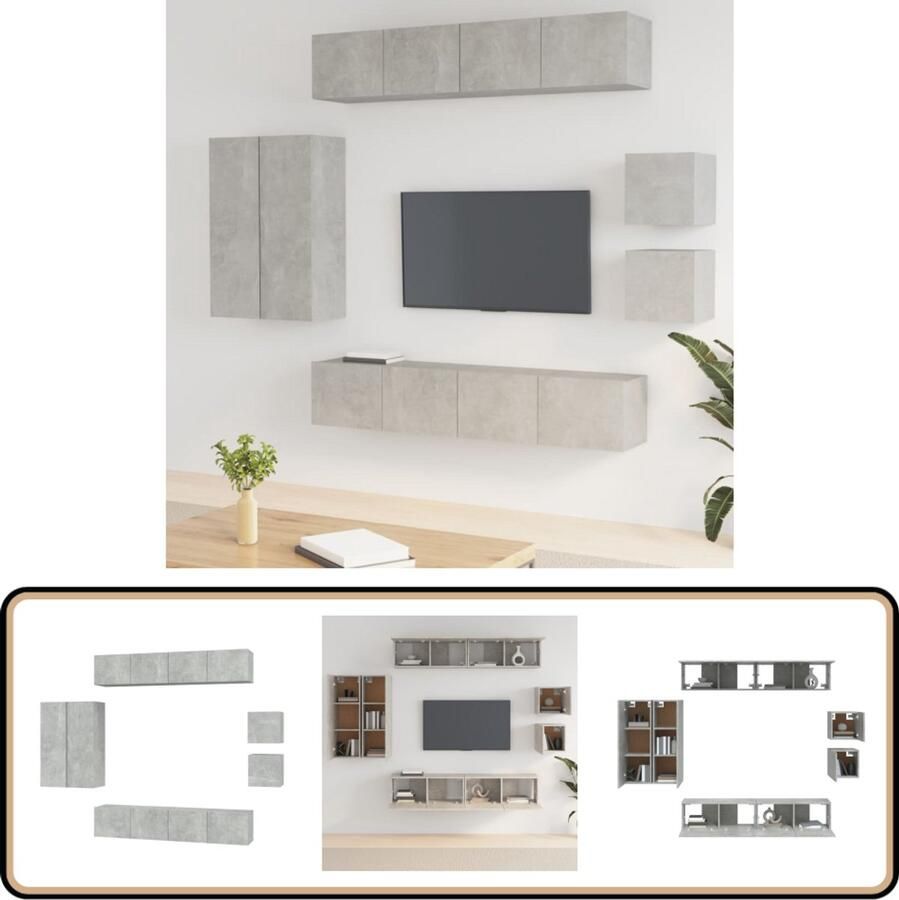 VidaXL Tv-meubelset 8-delig Bewerkt hout Grijs Televisiesectie Tv Meubel Salontafel Wandmontage Houten Kast Grijs Furniture Betonlook