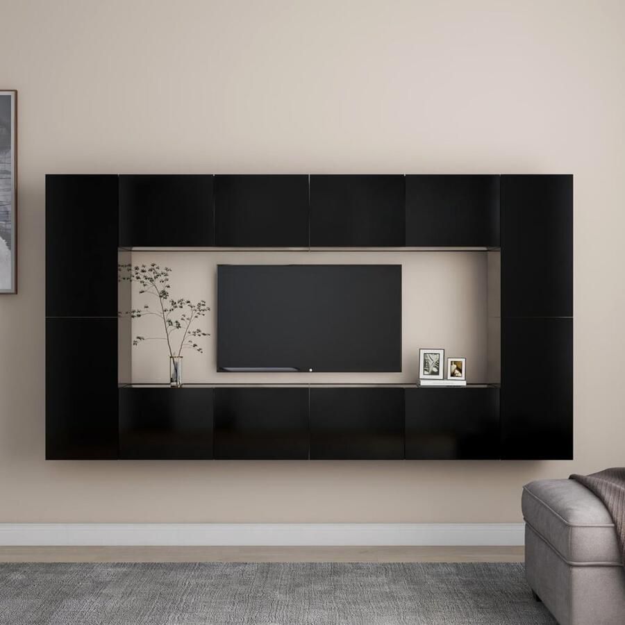 VidaXL Tv-meubelset 8-delig Bewerkt hout Zwart Televisiescherm Tv Meubilair Salontafel Woonkamerinrichting Zwarte Tv Stand