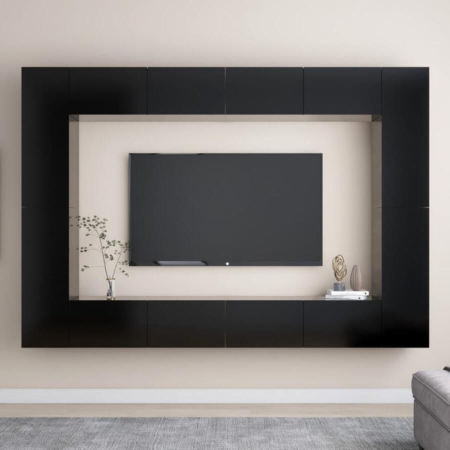 VidaXL Tv-meubelset 8-delig Bewerkt hout Zwart Televisiescherm Wandmontage Tv Meubel Zwart Houten Tv Stand Tv Kast Media Kast Salontafel - Foto 2