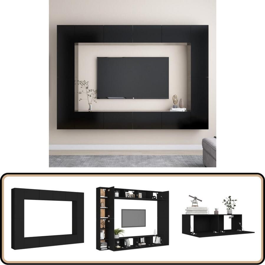 VidaXL Tv-meubelset 8-delig Bewerkt hout Zwart Televisiescherm Wandmontage Tv Meubel Zwart Houten Tv Stand Tv Kast Media Kast Salontafel