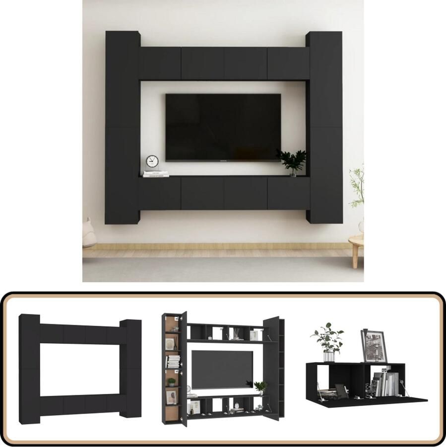VidaXL Tv-meubelset 8-delig Bewerkt hout Zwart Televisiesectie Tv Meubilair Salontafel Woonkamerinrichting Zwarte Tv Stand