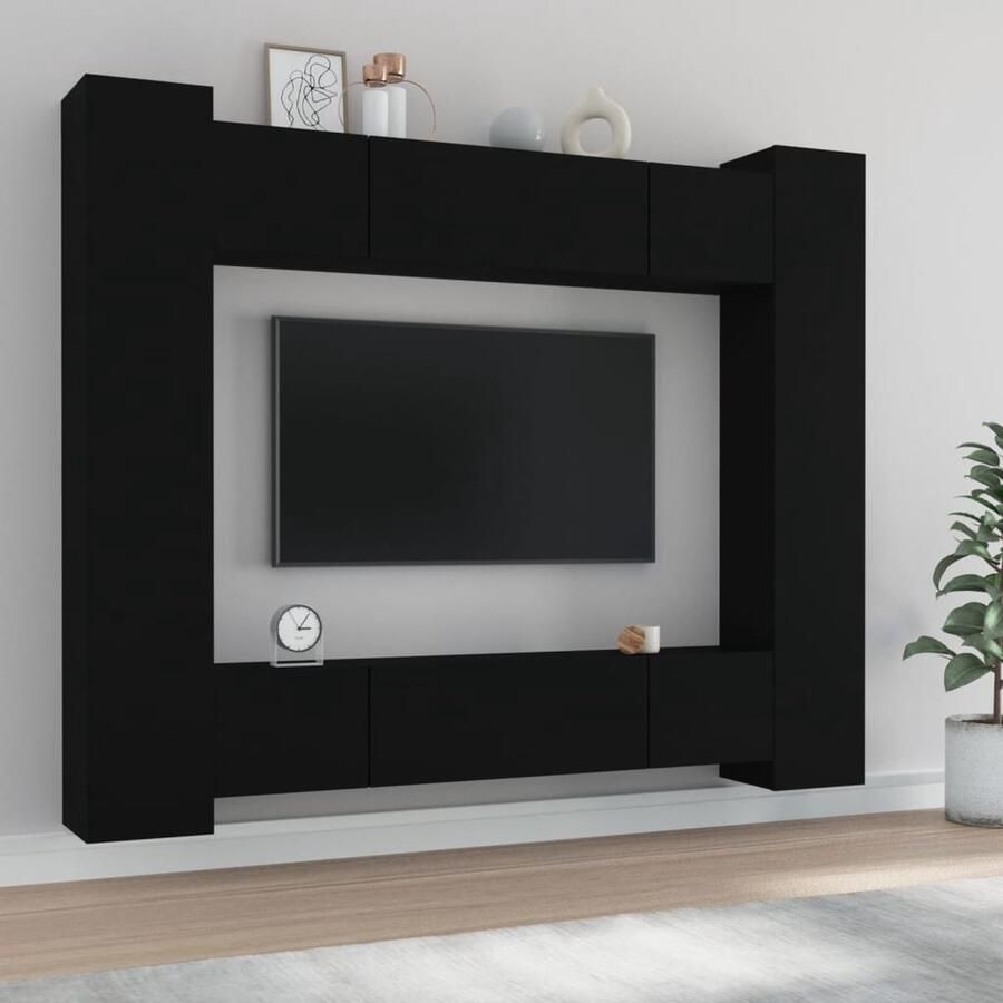 VidaXL Tv-meubelset 8-delig Bewerkt hout Zwart Televisieserie Tv Meubel Set Kast Met Lade Wandmontage Houten Meubels Zwarte Meubelen Woonkamer Decoratie - Foto 2