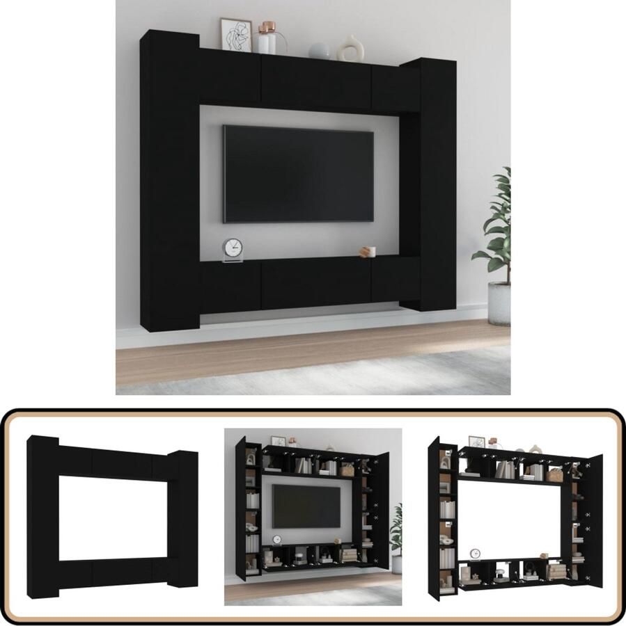 VidaXL Tv-meubelset 8-delig Bewerkt hout Zwart Televisieserie Tv Meubel Set Kast Met Lade Wandmontage Houten Meubels Zwarte Meubelen Woonkamer Decoratie