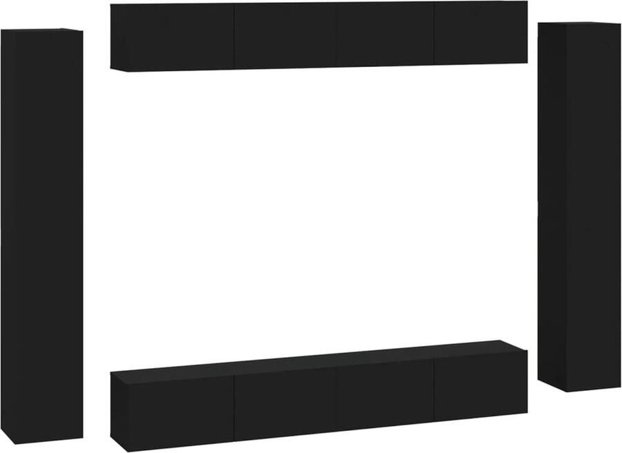 VidaXL Tv-meubelset 8-delig Bewerkt hout Zwart Televisieserie Tv Meubilair Salontafel Wandmontage Houten Kast Zwart Meubilair Opbergkasten Media Center