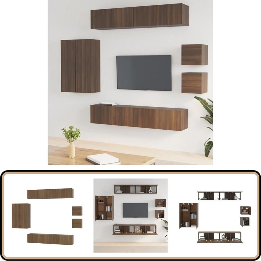 VidaXL Tv-meubelset 8-delig Bruineiken Bewerkt hout Televisiesectie Tv Meubel Kast Wandmontage Houten Meubels Bruine Meubelen Livingroom Decor