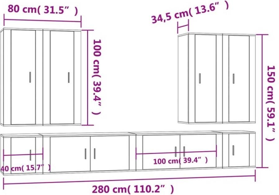 VidaXL Tv-meubelset 8-delig Gerookt Eiken Hout TV Kast Houten TV Kast Bruine TV Kast Salontafel Opslagkast