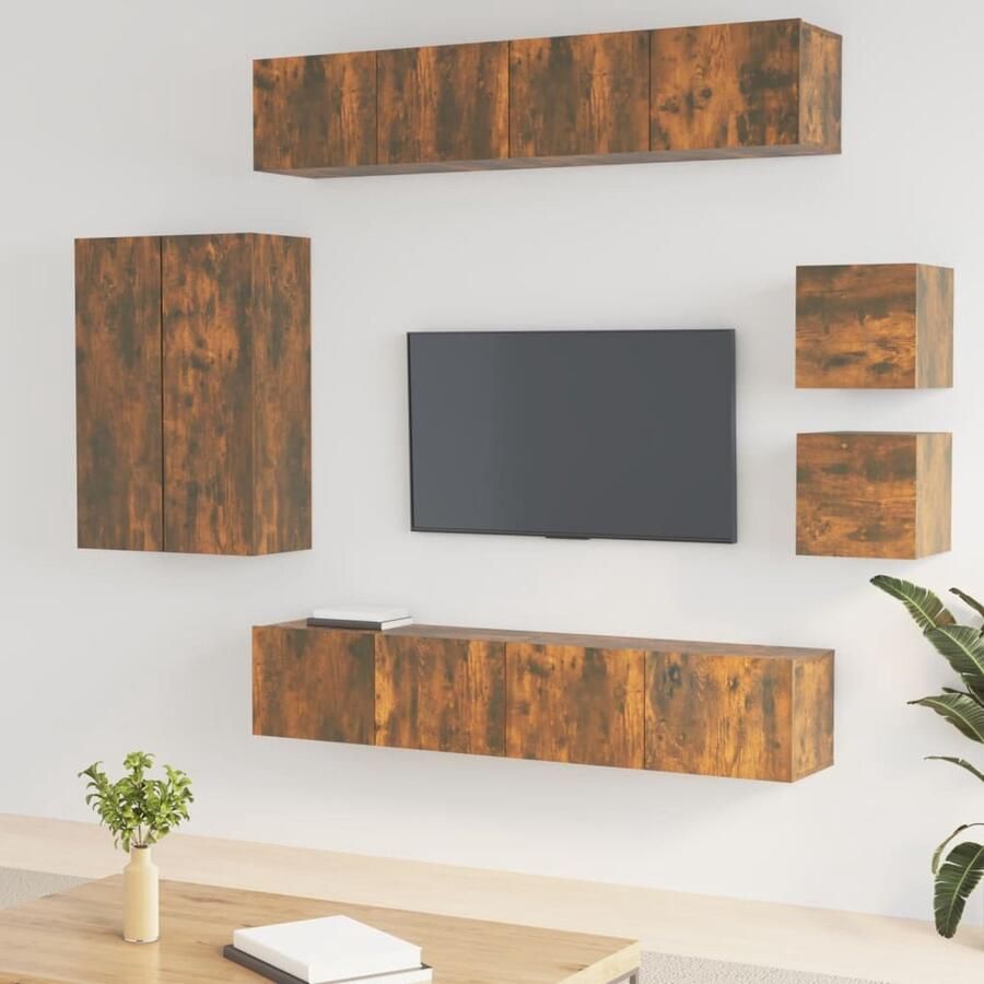 VidaXL Tv-meubelset 8-delig Gerookt eiken Hout TV Meubel Set Kast Houten Meubels Bruine Meubelen Woonkamer Decoratie Wandmontage - Foto 2