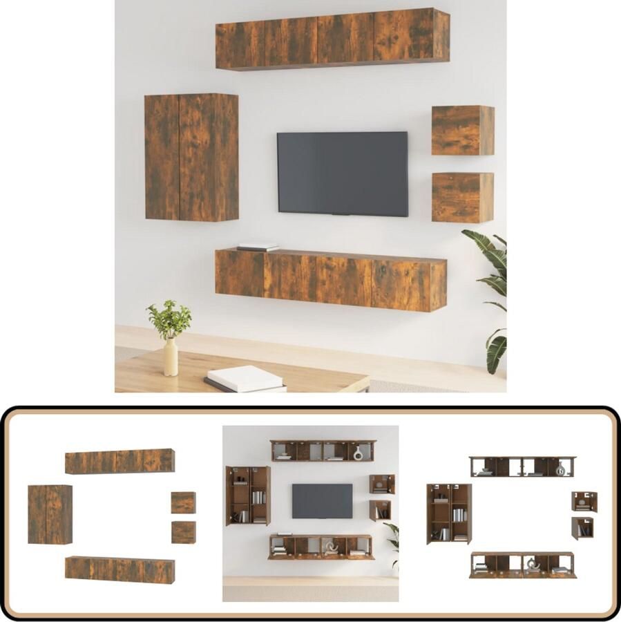 VidaXL Tv-meubelset 8-delig Gerookt eiken Hout TV Meubel Set Kast Houten Meubels Bruine Meubelen Woonkamer Decoratie Wandmontage