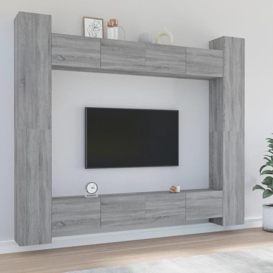VidaXL Tv-meubelset 8-delig Grijs Sonoma Eikenhout TV Meubel Wandmontage Houten Kast Grijze Meubels Saloninrichting Woonkamerdecoratie Opslagmogelijkheden - Foto 2