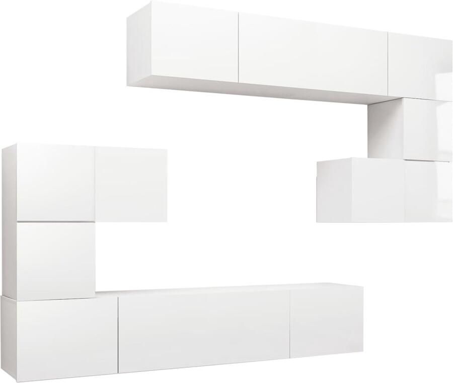 VidaXL Tv-meubelset 8-delig Hoogglans wit Televisiescherm Tv Kast Tv Meubels Media Kast Woonkamerinrichting Witte Tv Kast Boekenplank Opslagruimte Spaanplaat Modern Design Wandmontage