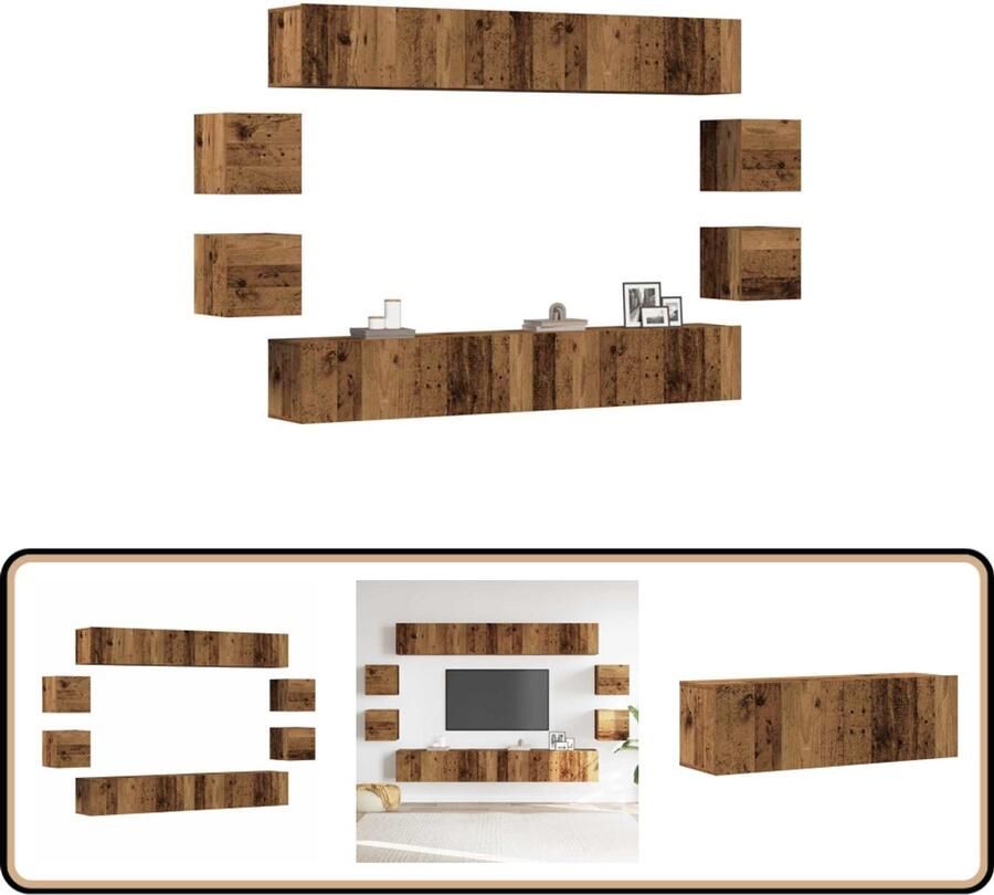 VidaXL 8-delig Tv-meubelset wandmontage bewerkt hout oud houtkleurig - Foto 2