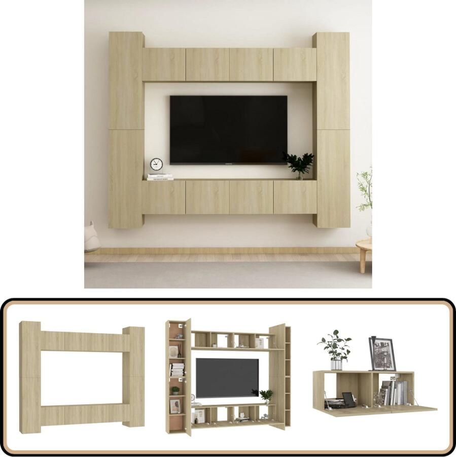 VidaXL Tv-meubelset 8-delig Sonoma eiken Hout Tv Meubels Salontafel Woonkamerdecoratie Houten Tv Stand Houten Kast Media Kast Sonora Eiken Bruine Tv Kast Tv Unit Tv Plank