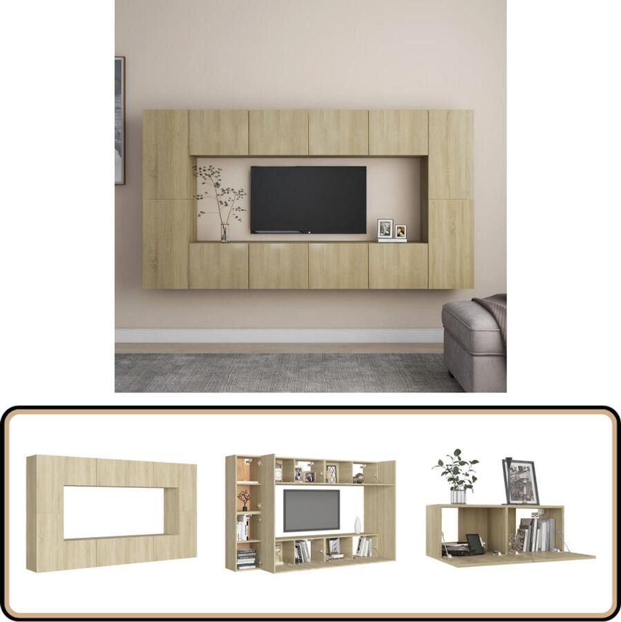 VidaXL Tv-meubelset 8-delig Sonoma eiken Spaanplaat Televisiesectie Salontafel Wandtv Meubel Houten Tv Stand Tv Kast Houten Tv Unit