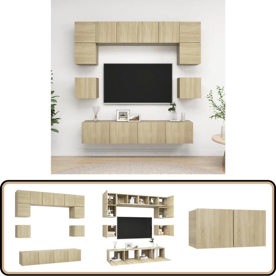 VidaXL Tv-meubelset 8-delig Sonoma eiken Spaanplaat TV-meubel Salontafel Woonkamer Meubilair Houten Kast Bruine Kast Landelijke Stijl Sonoma Eiken Wandmontage Opbergruimte Media Center