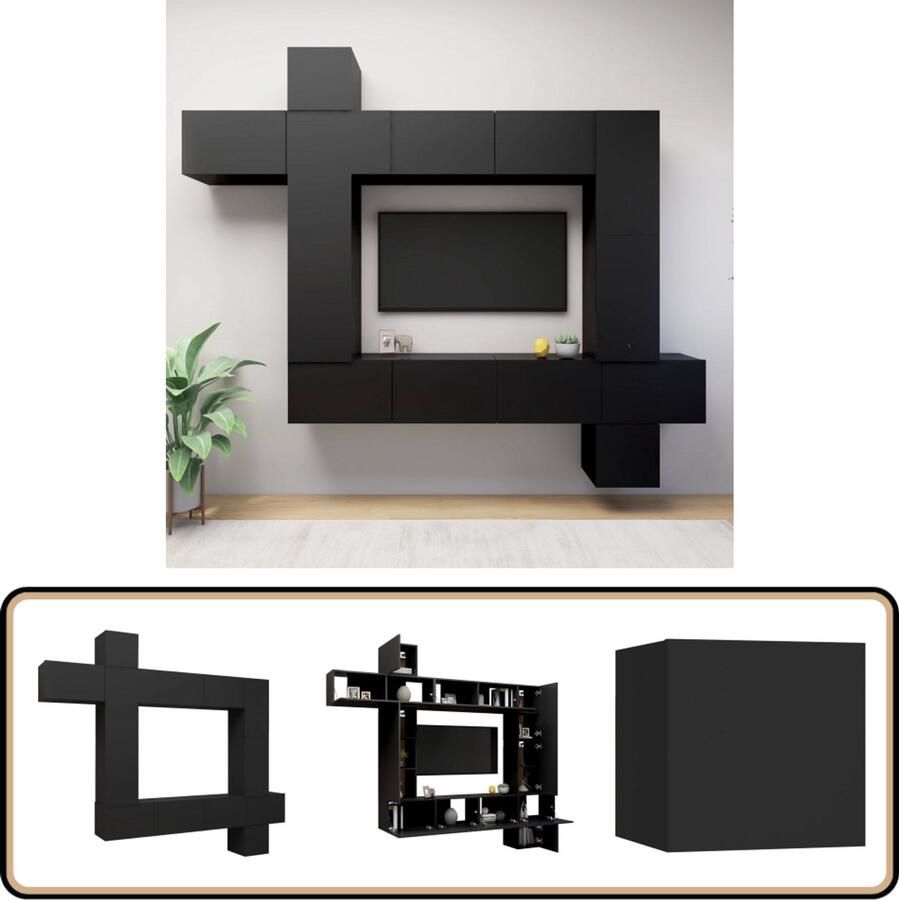 VidaXL Tv-meubelset 9-delig Bewerkt hout Zwart Tv Kast Tv Meubels Wandmontage Zwarte Tv Kast Houten Tv Kast Living Room Furniture Media Storage Boekenplank