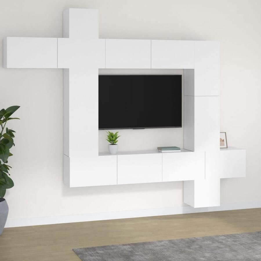 VidaXL Tv-meubelset 9-delig Wit Bewerkt hout TV Meubel Tv Kast Media Kast Wandmontage Houten Meubilair