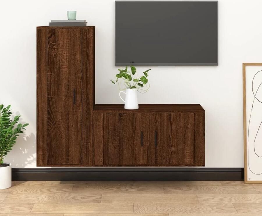 VidaXL Tv-meubelset bruin eiken 2-delig Televisiesecretaris Salontafel Houten Tv-stand Bruine Eik Mediastand Opbergkast - Foto 2