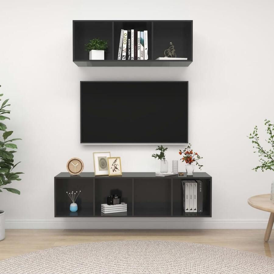 VidaXL Tv-meubelset Hoogglans Grijs 2-Delig Tv-meubel Houten Tv-meubel Grijze Tv-standaard Salontafel Woonkamer Meubilair