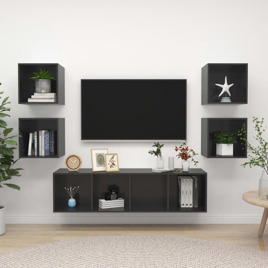 VidaXL Tv-meubelset Hoogglans Grijs 5-delig Televisiescherm Wandmontage Tv Meubilair Houtskelet Grijze Tv Kasten Salontafel Woonkamer Decoratie Media Center Opslagruimte Modern Interieur Stijlvol Tv Meubel