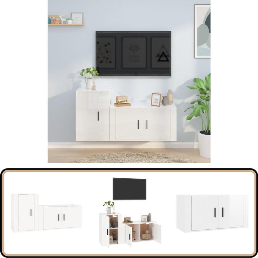 VidaXL Tv-meubelset Hoogglans Wit 2-Delig TV Meubel Tv Kast Hifi Meubel Witte Tv Kast Houten Tv Kast