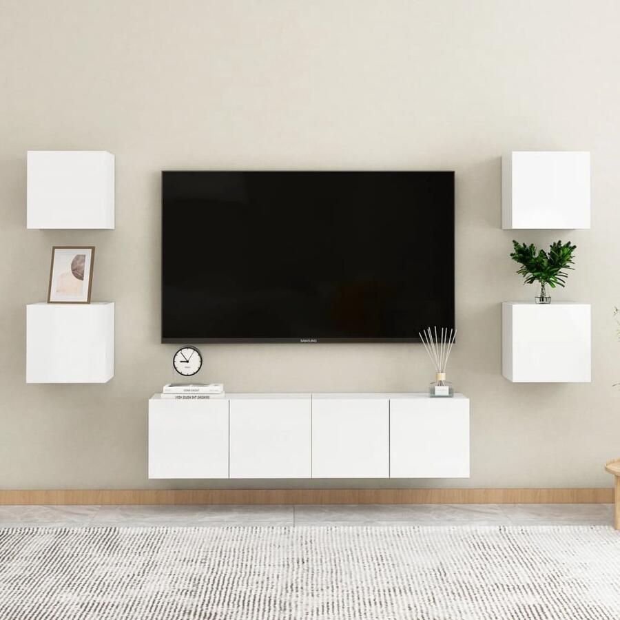 VidaXL Tv-meubelset Hoogglans wit 6-delig Televisiescherm Kast Tv Meubels Salontafel Woonkamerinrichting Witte Tv Stand Houten Tv Kast Modern Tv Meubel Media Kast Opslagruimte Wandmontage - Foto 2