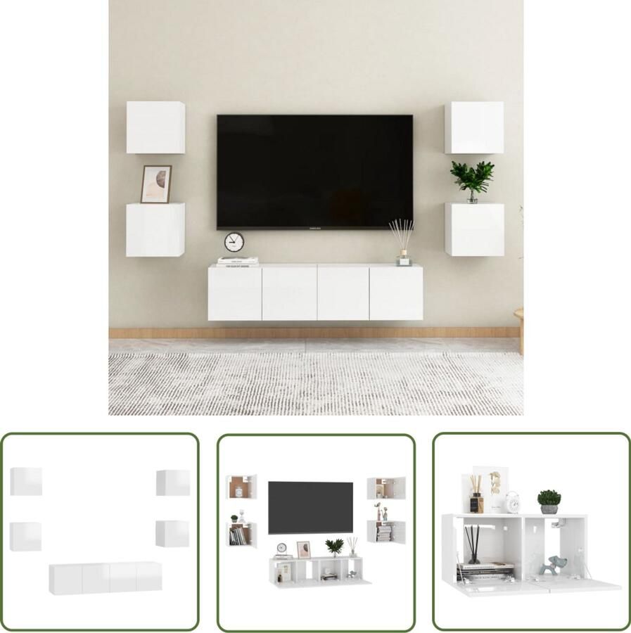 VidaXL Tv-meubelset Hoogglans wit 6-delig Televisiescherm Kast Tv Meubels Salontafel Woonkamerinrichting Witte Tv Stand Houten Tv Kast Modern Tv Meubel Media Kast Opslagruimte Wandmontage