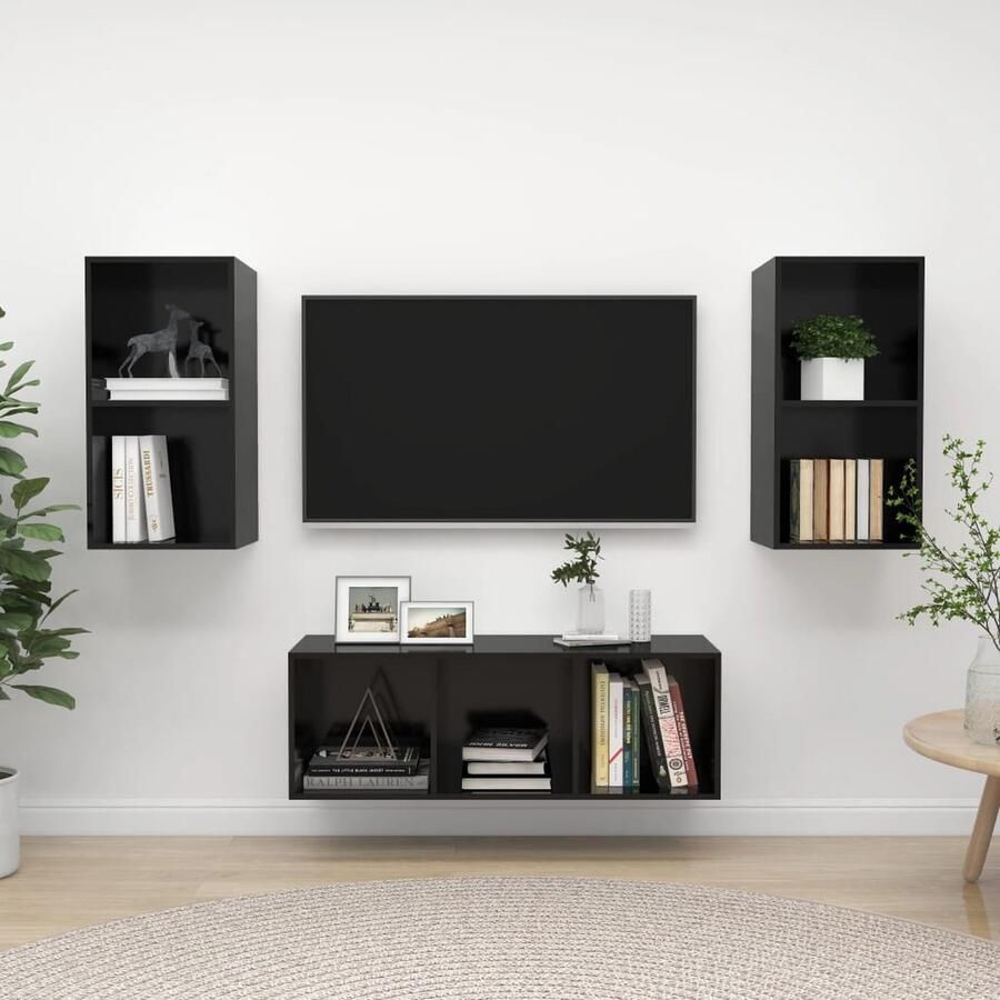 VidaXL Tv-meubelset Hoogglans zwart 3-delig Televisiescherm Wandmontage Tv Meubilair Salontafel Woonkamerdecoratie Zwarte Tv Stand Houten Tv Kast Media Kast Opslagruimte Modern Interieur Minimalistische Stijl Tv Kastenset - Foto 2