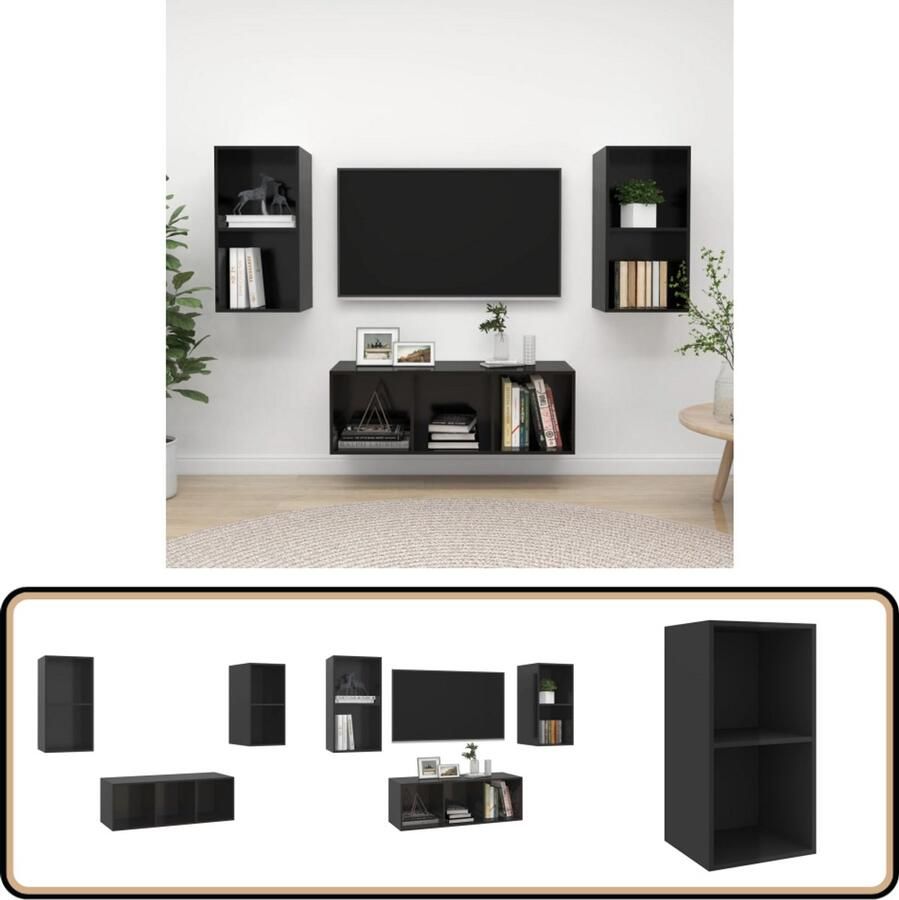 VidaXL Tv-meubelset Hoogglans zwart 3-delig Televisiescherm Wandmontage Tv Meubilair Salontafel Woonkamerdecoratie Zwarte Tv Stand Houten Tv Kast Media Kast Opslagruimte Modern Interieur Minimalistische Stijl Tv Kastenset